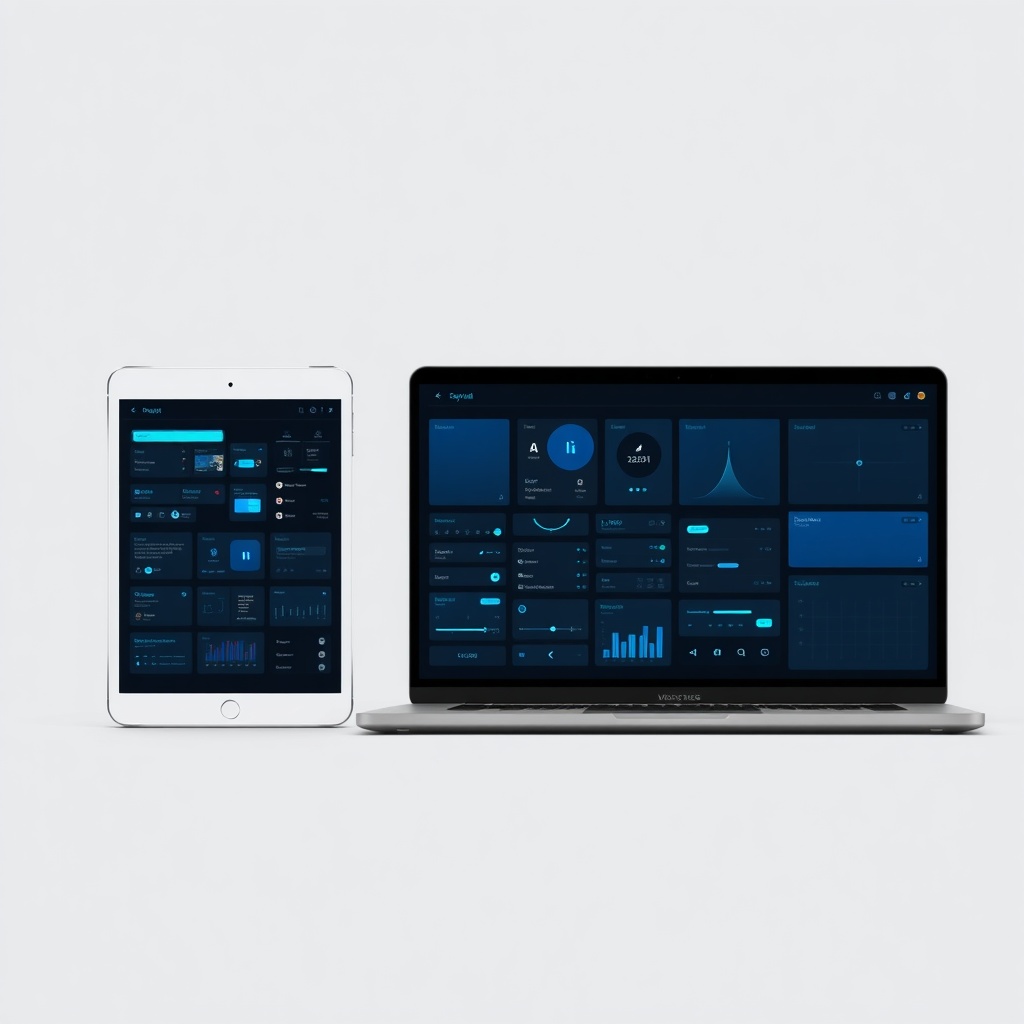 Dark UI kit mockup with neon-blue highlights across components