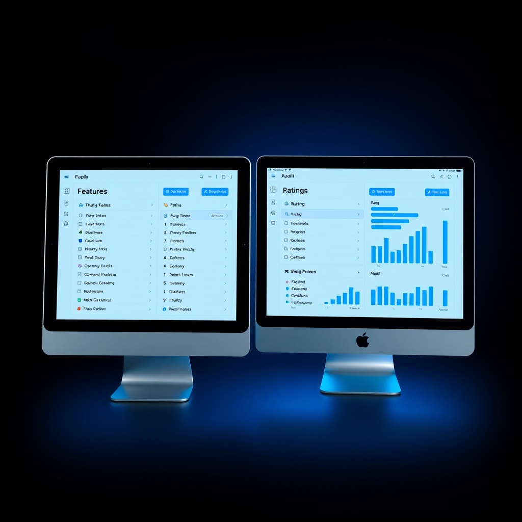 Split-screen device mockup showing side-by-side comparison of digital tools with charts and feature lists