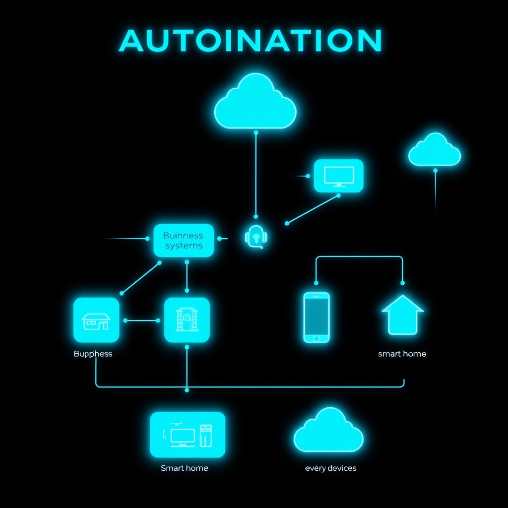Neon-blue workflow diagram illustrating automation connecting business systems and everyday devices