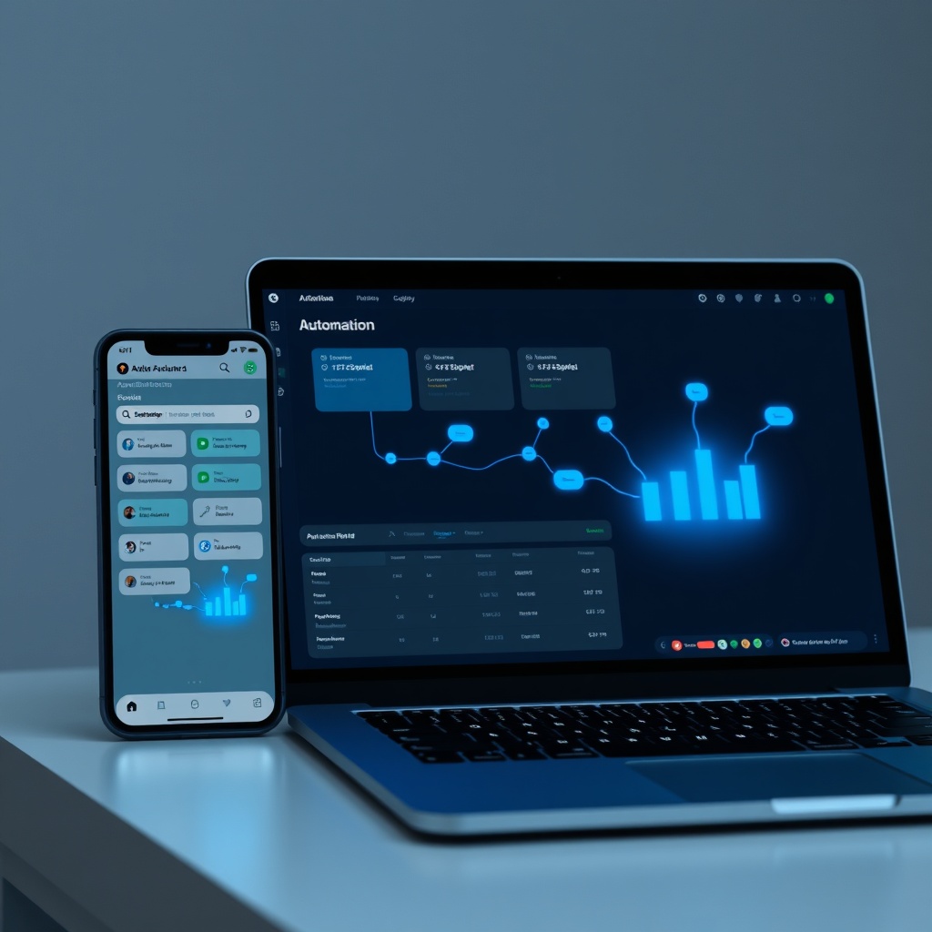 Automation dashboard mockup on multiple devices with neon-blue connectors