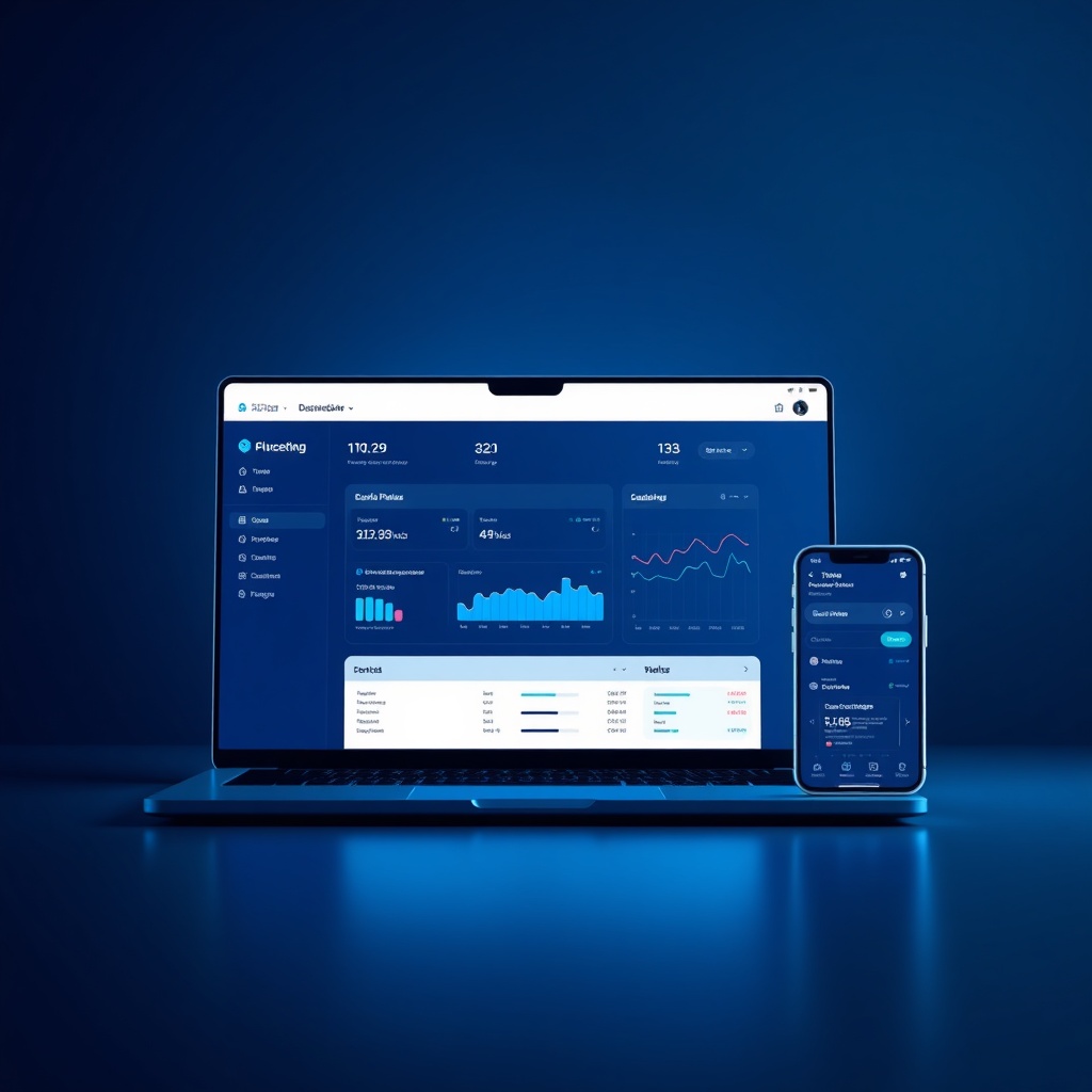 Laptop and smartphone mockups displaying a dark-themed dashboard with neon blue accents