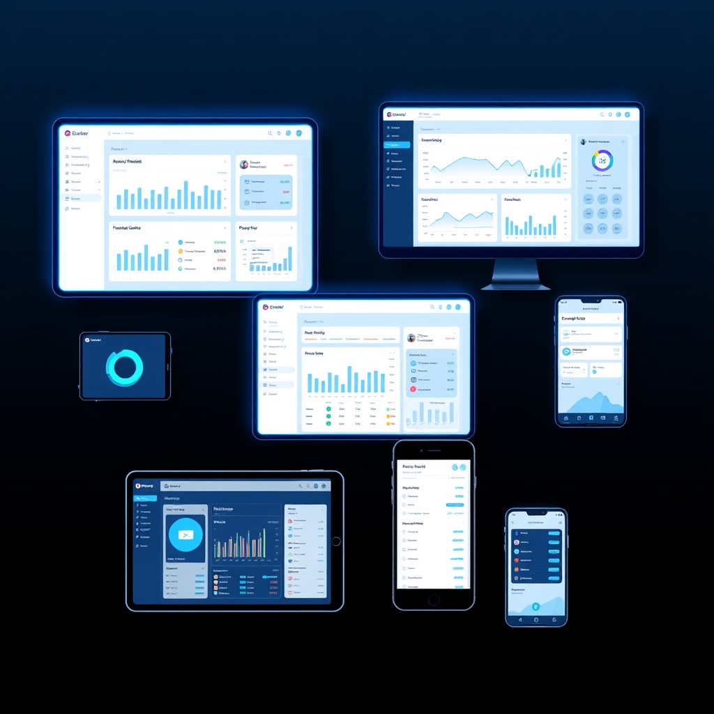 Dark hero image with neon-blue device mockups and UI elements